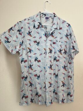 Light Blue Short-Sleeve Button-Up Shirt with Patriotic Print